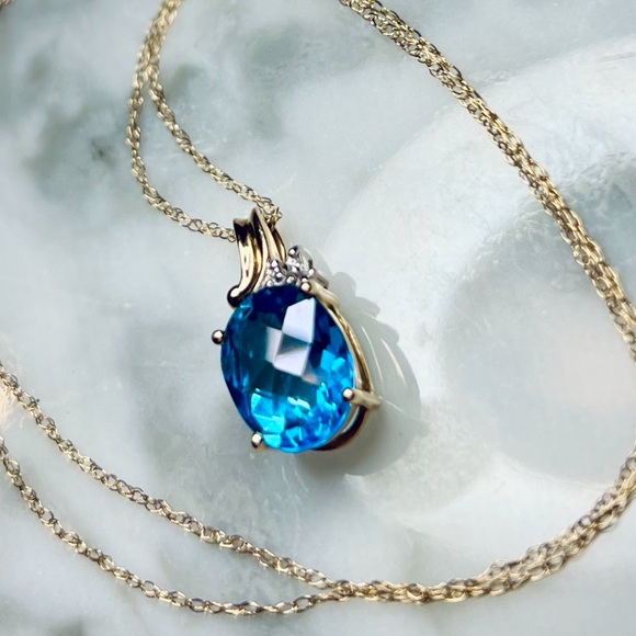 Vintage Solid 10K Gold Blue Topaz diamond pendant plus 10k 18” chain - Picture 7 of 12